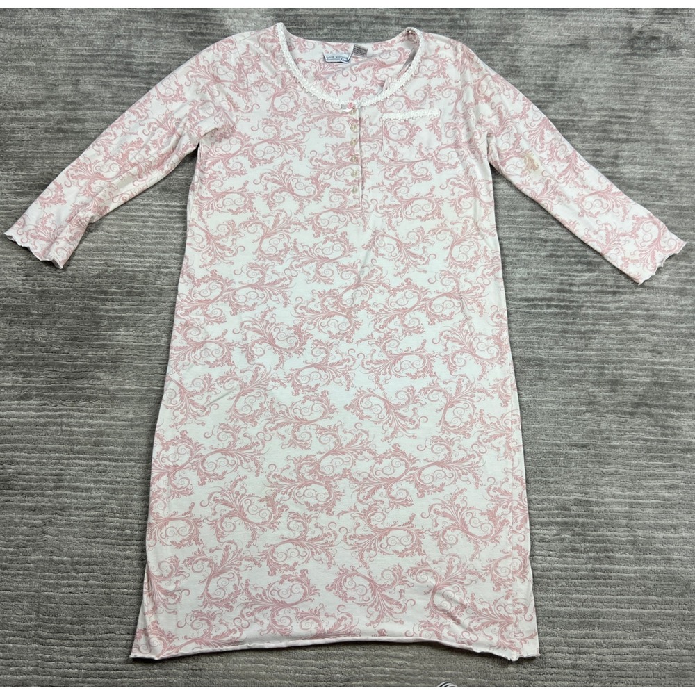 Allyson Whitmore Nightgown Womens Medium Pink White Damask Henley Lace Sleepwear